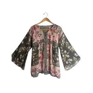Johnny Was Floral Patchwork Silk Babydoll Boho Peasant Tunic Top Bell Sleeve Sm